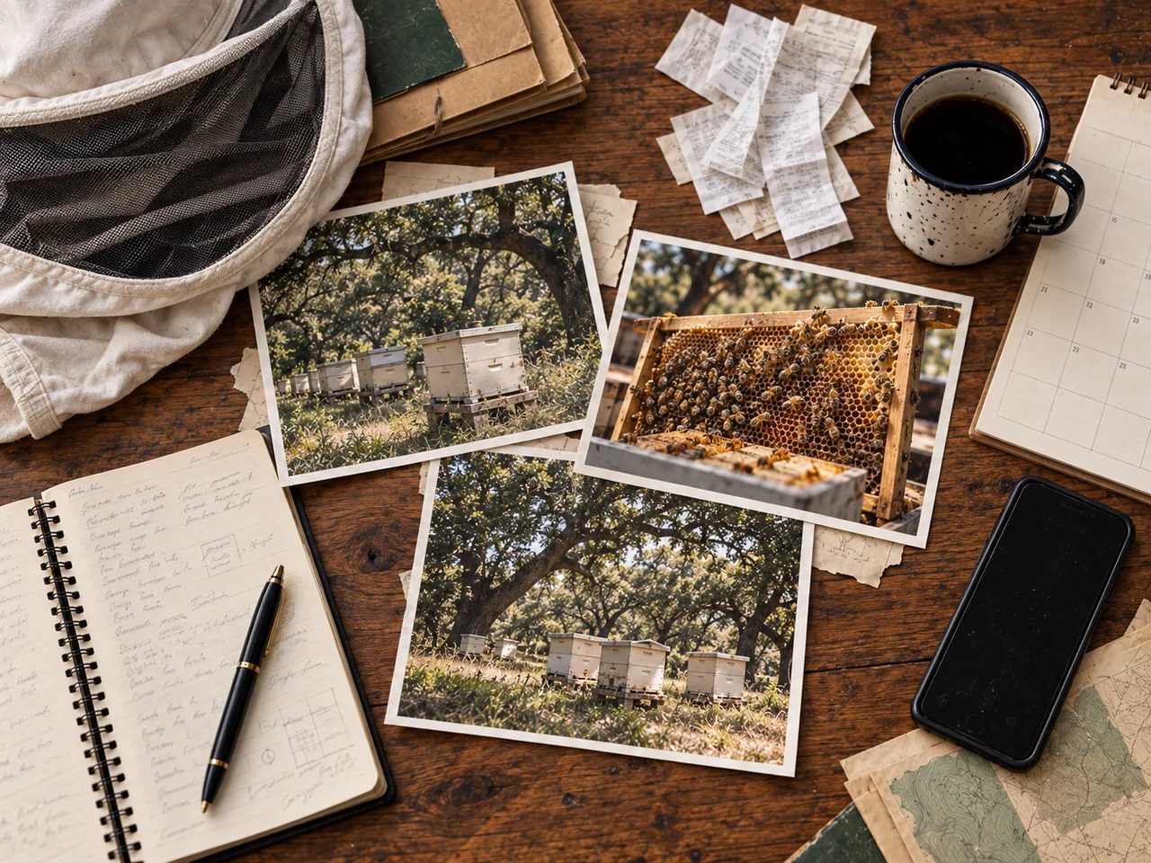 Hive photographs, inspection notes, receipts, and a beekeeper’s equipment on a wooden table.