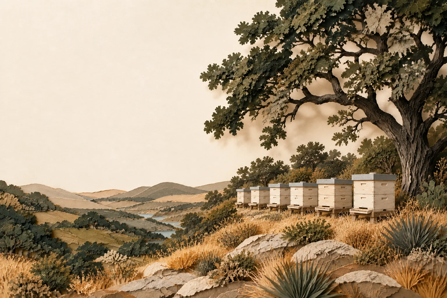 Wooden beehives beneath a live oak in a textured-paper Texas Hill Country landscape.