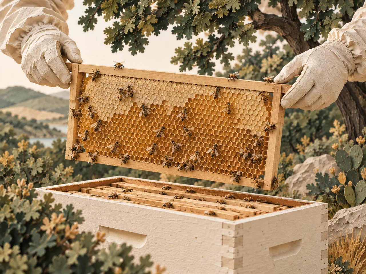 A beekeeper examines a hive frame.